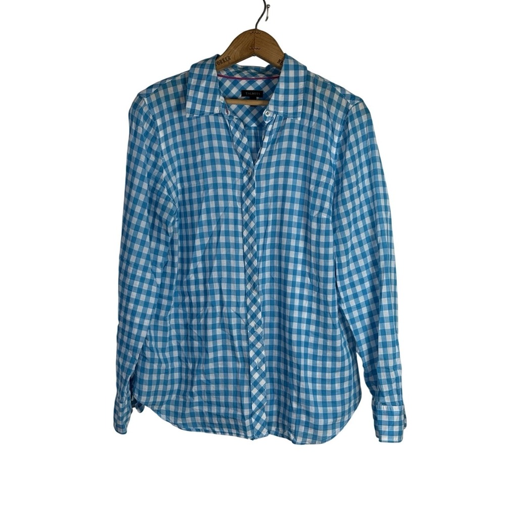Talbots blue white check long sleeve button shirt medium Women